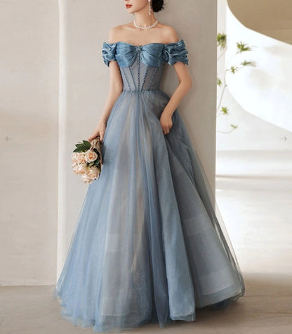 Blue off shoulder satin long prom dress blue satin prom dress