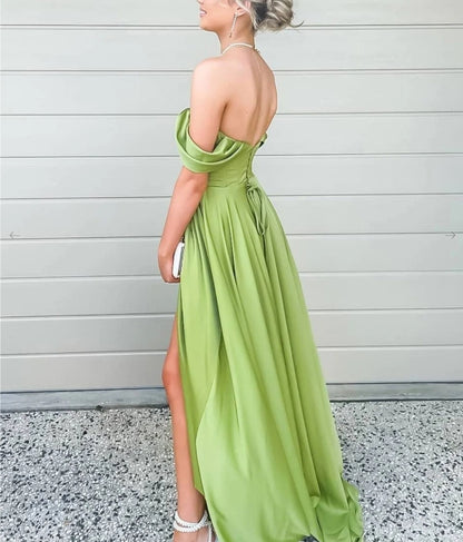 Simple green off shoulder satin long prom dress green prom dress