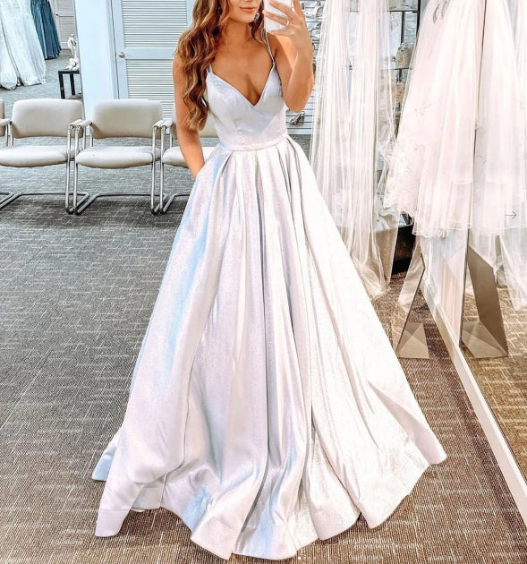 Silver v neck satin long prom dress silver long prom dress
