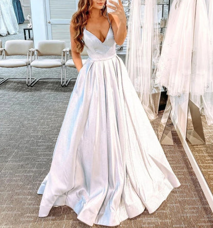 Silver v neck satin long prom dress silver long prom dress