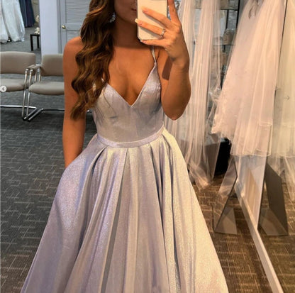 Silver v neck satin long prom dress silver long prom dress