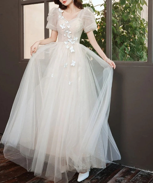 Light champagne tulle lace long prom dress lace prom dress