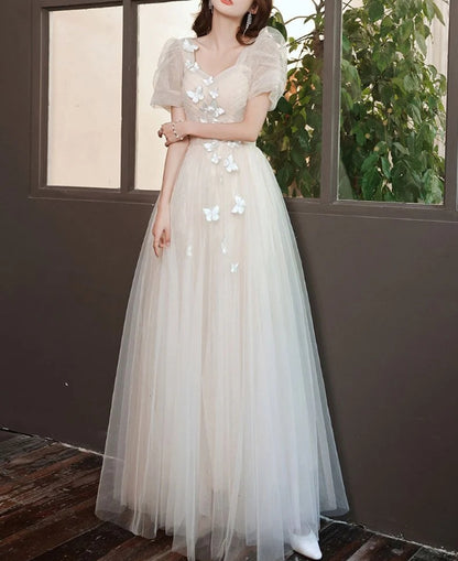 Light champagne tulle lace long prom dress lace prom dress