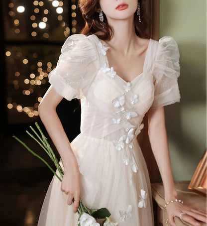 Light champagne tulle lace long prom dress lace prom dress