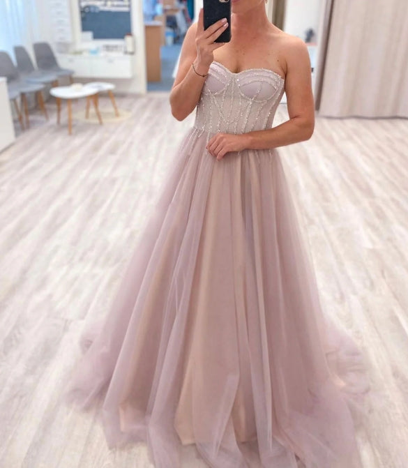Pink sweetheart neck tulle long prom dress pink tulle formal prom dress