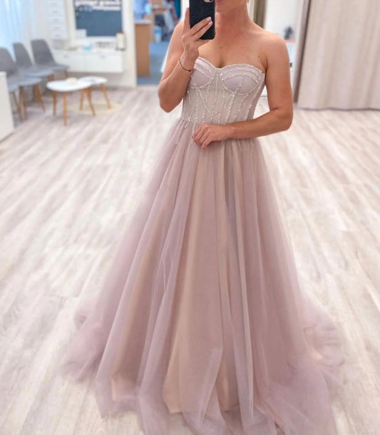 Pink sweetheart neck tulle long prom dress pink tulle formal prom dress