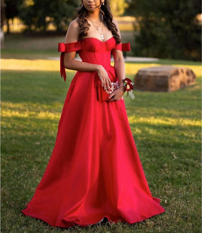 Simple red satin long prom dress red satin prom dress