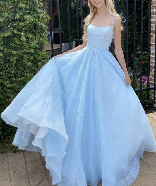 Simple blue tulle sequin long prom dress blue tulle formal dress