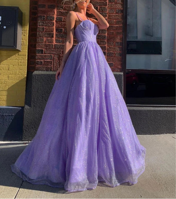 Purple A line tulle long prom dress purple tulle prom dress