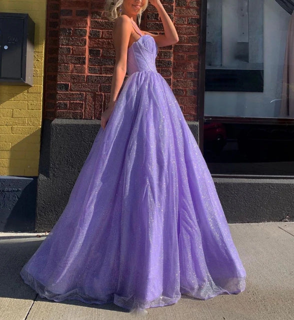 Purple A line tulle long prom dress purple tulle prom dress