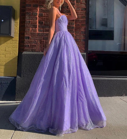 Purple A line tulle long prom dress purple tulle prom dress