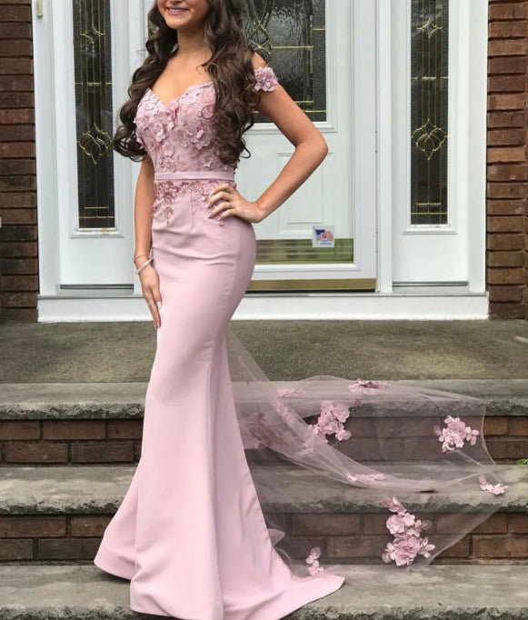 Pink satin mermaid long lace prom dress pink prom  dress