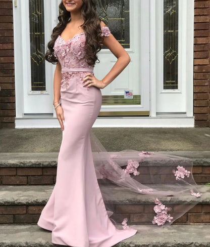 Pink satin mermaid long lace prom dress pink prom  dress