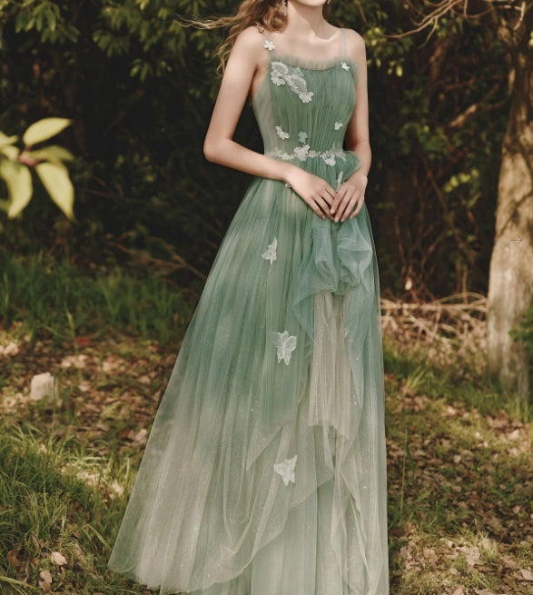 Green tulle lace long prom dress  green tulle formal prom dress