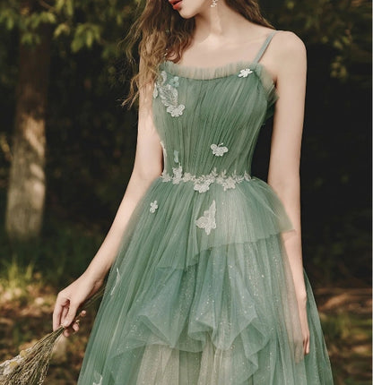 Green tulle lace long prom dress  green tulle formal prom dress