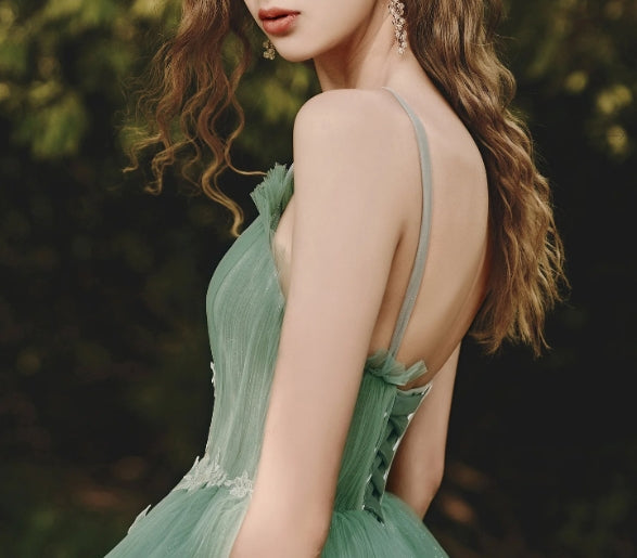 Green tulle lace long prom dress  green tulle formal prom dress