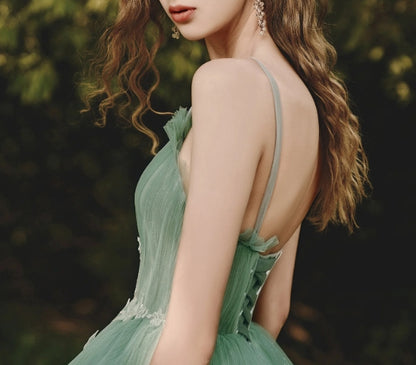Green tulle lace long prom dress  green tulle formal prom dress