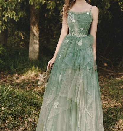 Green tulle lace long prom dress  green tulle formal prom dress