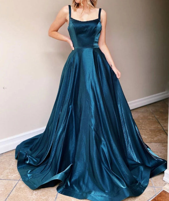 Simple backless satin blue long prom dress blue prom dress