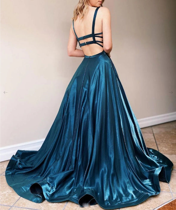 Simple backless satin blue long prom dress blue prom dress