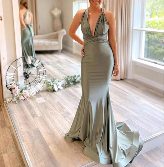 Gray green satin mermaid long prom dress gray green prom dress