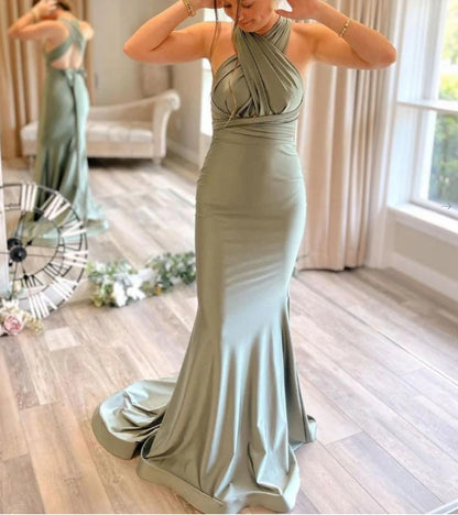 Gray green satin mermaid long prom dress gray green prom dress