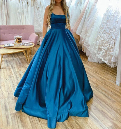 Simple blue satin backless long prom dress blue  prom dress