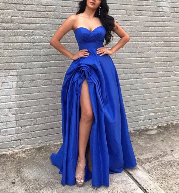 Simple blue satin long prom dress blue prom dress
