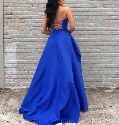 Simple blue satin long prom dress blue prom dress