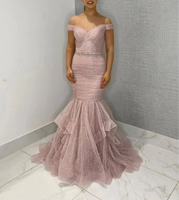 Pink off shoulder tulle sequin long prom dress pink tulle formal prom dress