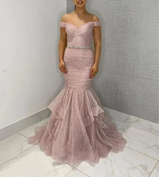 Pink off shoulder tulle sequin long prom dress pink tulle formal prom dress