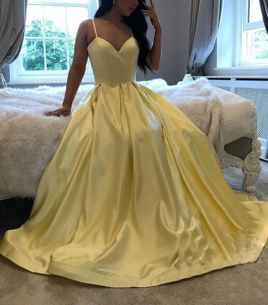 Simple yellow satin long prom dress, yellow evening dress