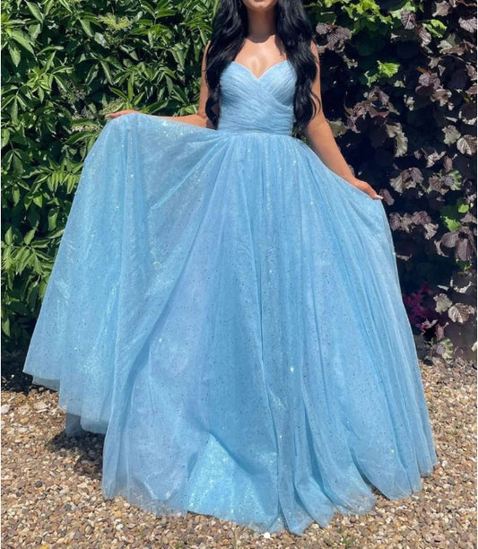 Simple v neck blue tulle sequin long prom dress blue prom dress