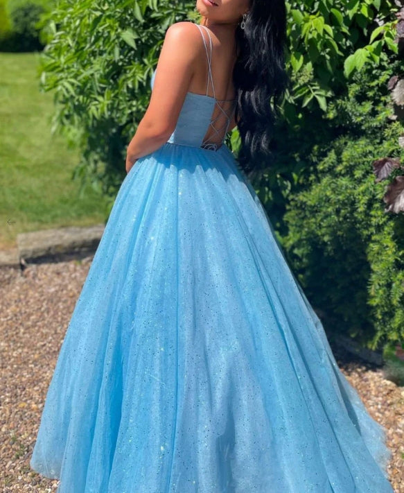 Simple v neck blue tulle sequin long prom dress blue prom dress
