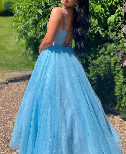 Simple v neck blue tulle sequin long prom dress blue prom dress