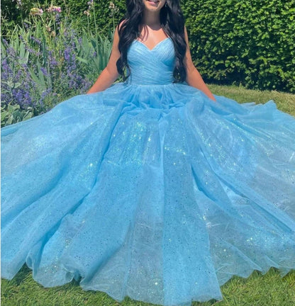 Simple v neck blue tulle sequin long prom dress blue prom dress