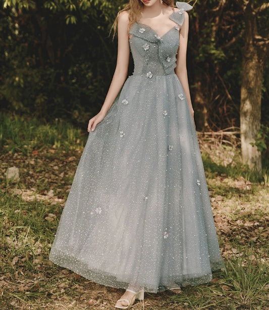 Gray tulle sequin tea length prom dress gray prom dress