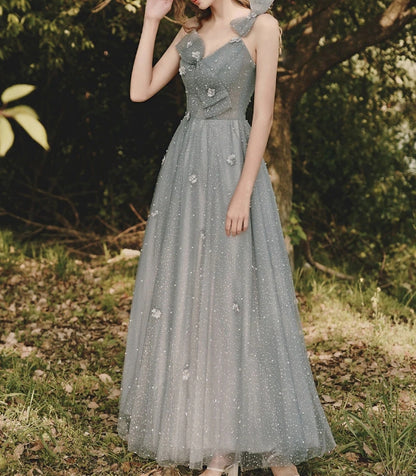 Gray tulle sequin tea length prom dress gray prom dress