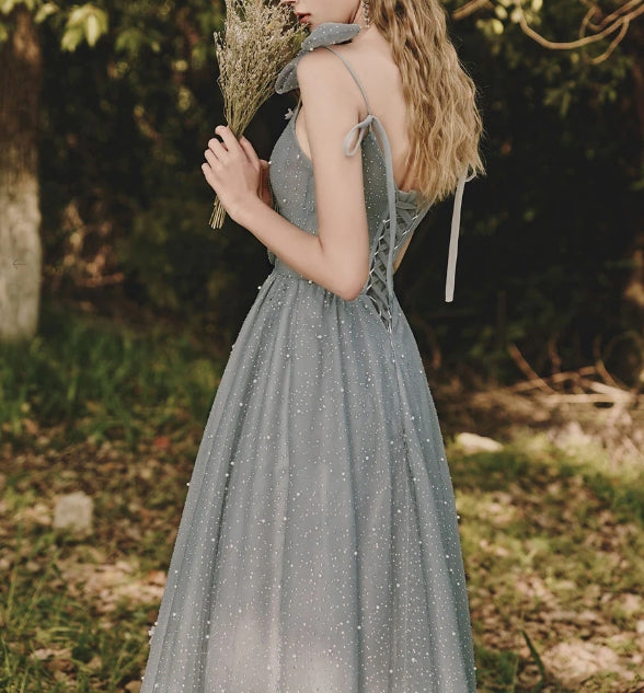 Gray tulle sequin tea length prom dress gray prom dress