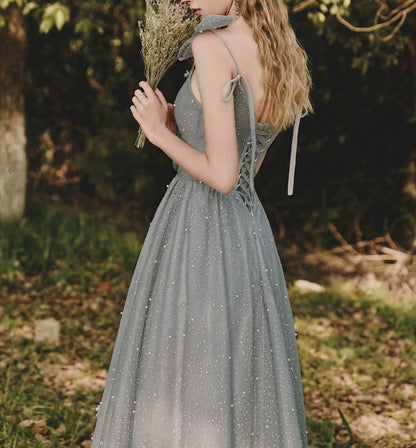 Gray tulle sequin tea length prom dress gray prom dress