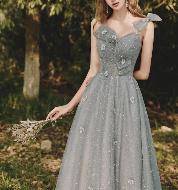 Gray tulle sequin tea length prom dress gray prom dress