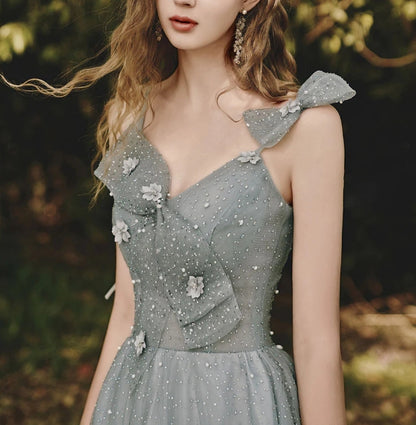 Gray tulle sequin tea length prom dress gray prom dress