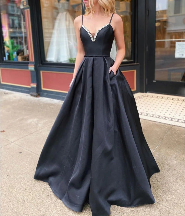 Simple black satin long prom dress black satin prom dress