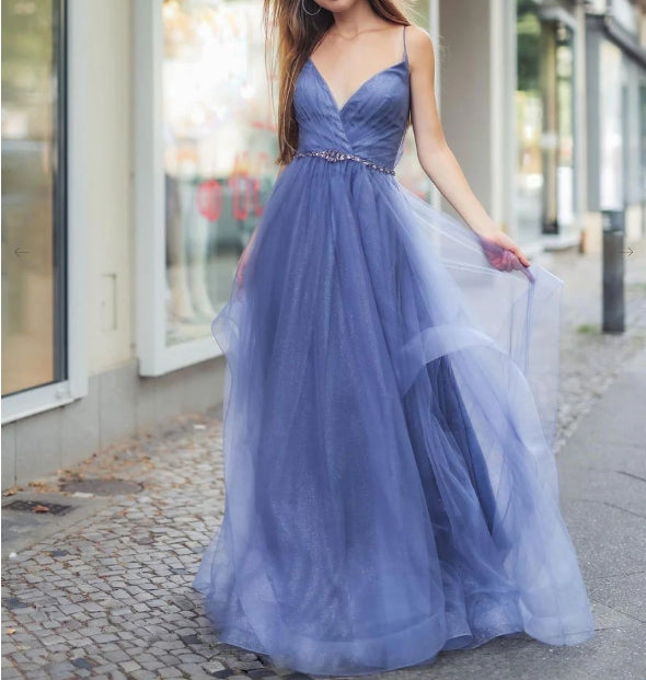 Blue v neck tulle long prom dress blue tulle prom dress