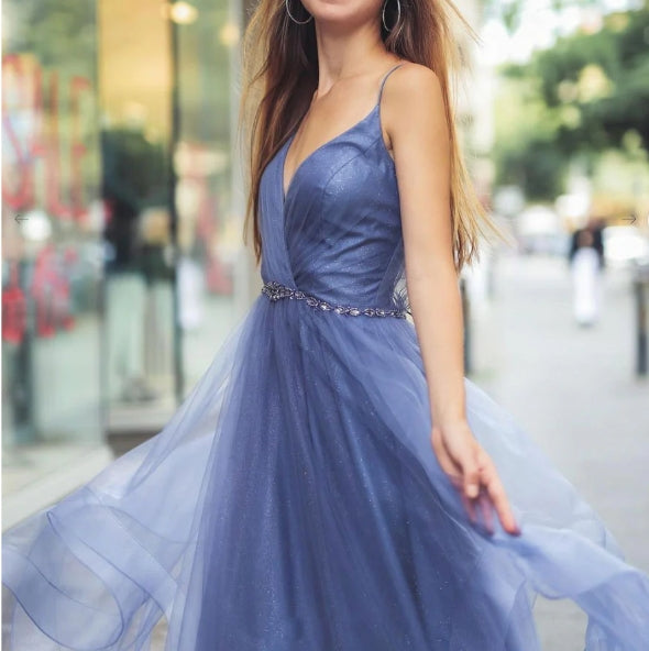 Blue v neck tulle long prom dress blue tulle prom dress