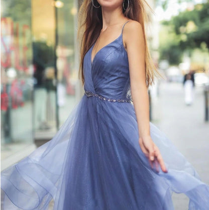 Blue v neck tulle long prom dress blue tulle prom dress