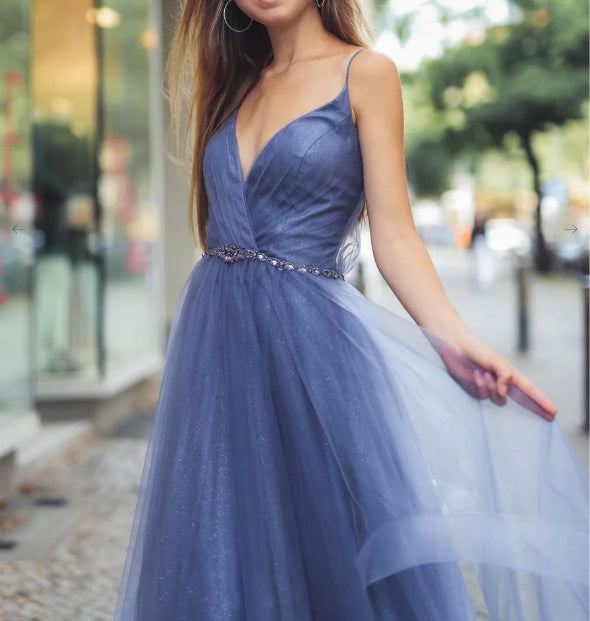 Blue v neck tulle long prom dress blue tulle prom dress