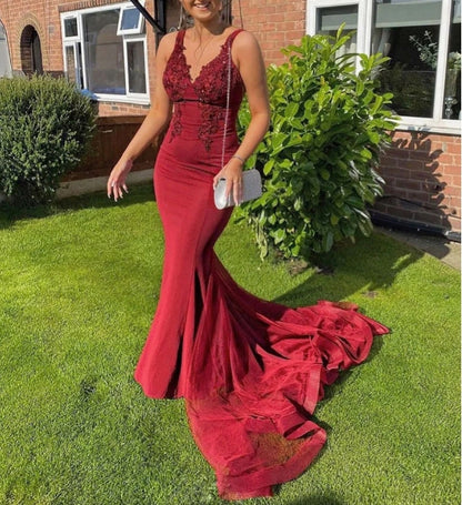 Burgundy v neck lace mermaid long prom dress burgundy prom dress