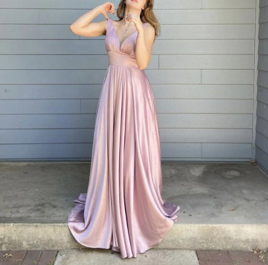 Simple pink satin long prom dress pink prom dress