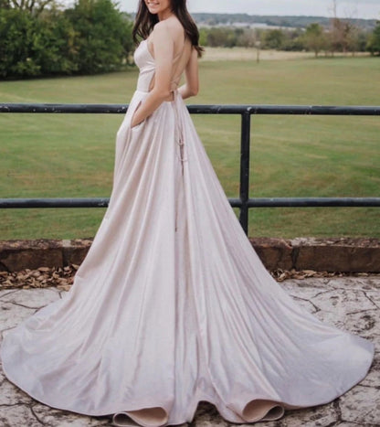 Light pink A-line satin long prom dress pink  prom dress